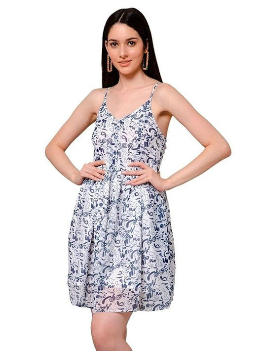 Women's Relaxed Fit Casual Freya White Doodled Print Short Dress I Trendy Western Dresses for Women
